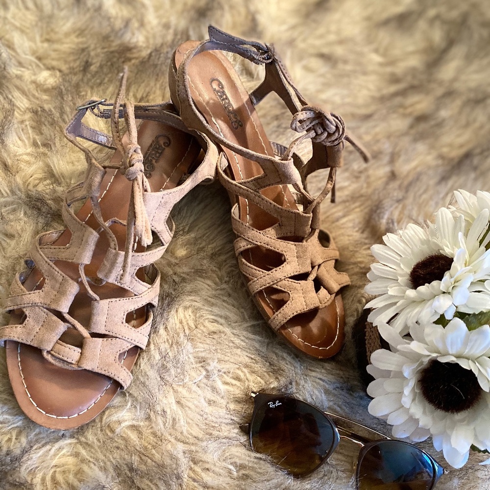 Tan Faux Suede Tie-Up Sandals